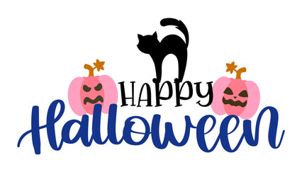 Happy Halloween text with black cat and pink pumpkins