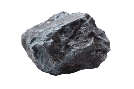 A single, rough, dark gray rock with sharp edges and a textured surface, isolated on a white background.