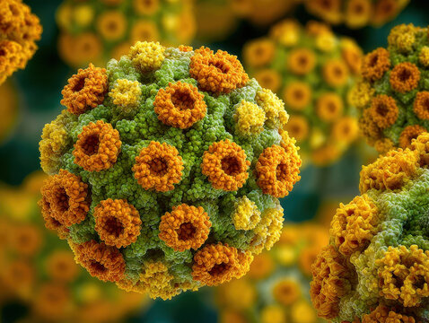 Human papillomavirus 3D rendering with clustered orange and yellow surface proteins arranged on a textured spherical green viral particle in close-up microscopic view