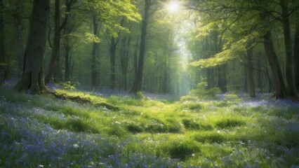 Obraz premium Serene Forest Landscape: Sunlit Trees, Lush Foliage, FlowerCovered Ground, Tranquil Atmosphere, Bright Blue Sky Peaceful Nature Scene.