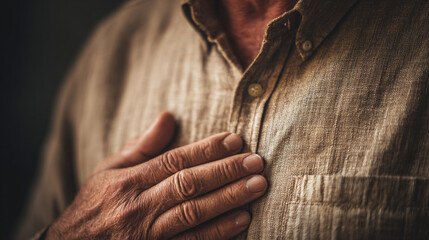 A hand over the chest conveys heartfelt emotion sincerity and compassion symbolizing empathy gratitude and the deep human connection of feeling and personal expression