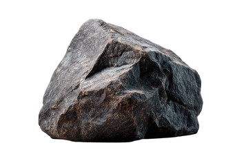 A large, dark gray rock with rough texture, isolated on a white background.