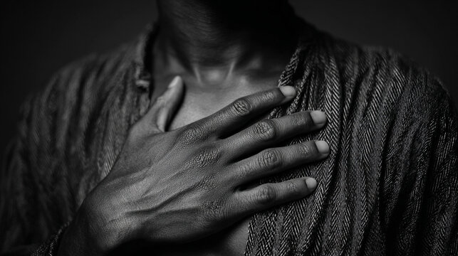 A hand over the chest conveys heartfelt emotion sincerity and compassion symbolizing empathy gratitude and the deep human connection of feeling and personal expression