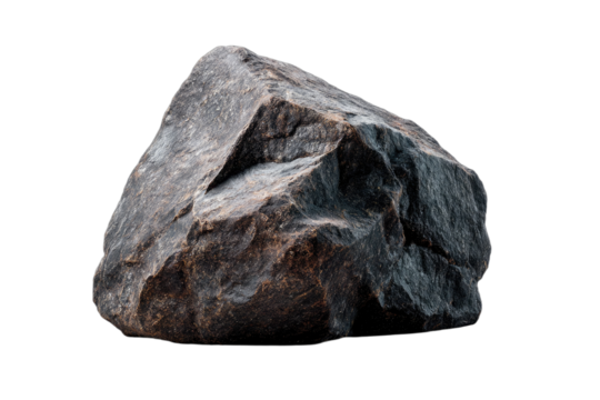 A large, dark gray rock with rough texture, isolated on a white background.