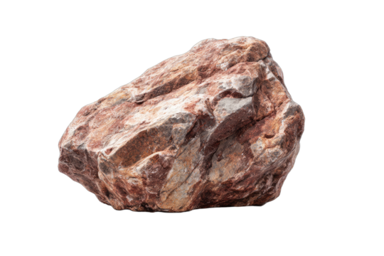 A close-up studio shot of a single reddish-brown rock with textured surface on a white background.