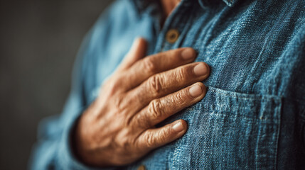 A hand over the chest conveys heartfelt emotion sincerity and compassion symbolizing empathy gratitude and the deep human connection of feeling and personal expression