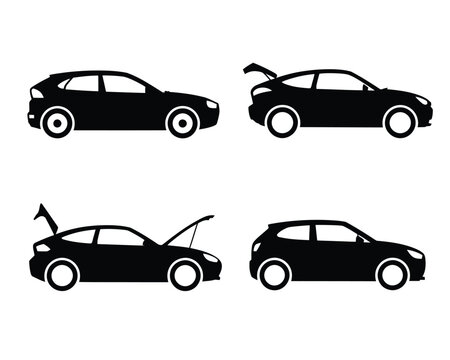 Four black hatchback silhouettes with open trunk and hood automobile