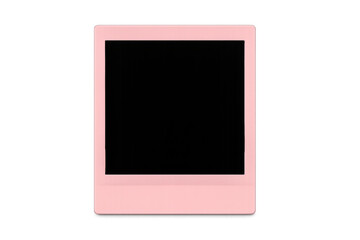 Pink blank vintage instant picture frame template with empty black screen on transparent background