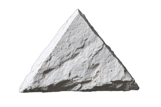 Close-up of a white triangular stone with a rough, textured surface, isolated.