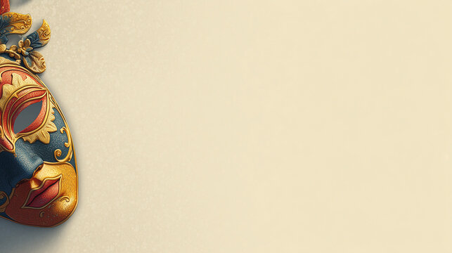 A traditional ornate Venetian mask with vibrant colors, symbolizing the rich cultural heritage of the Festa dei Popoli, Italy, set against a textured beige background with ample copy space