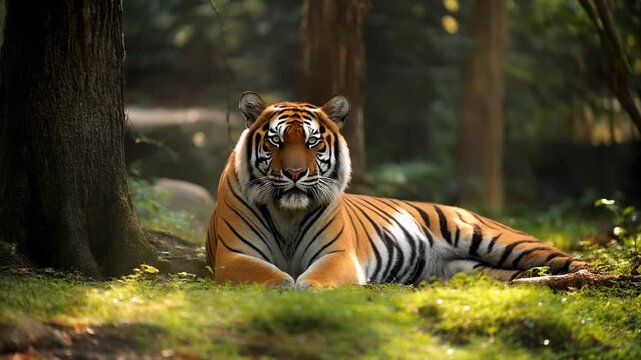 A tiger resting under trees with sunlight filtering through 