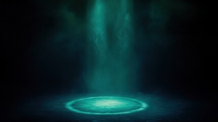 Mysterious teal light beam illuminates a glowing circular spot on a dark textured ground with smoky atmosphere