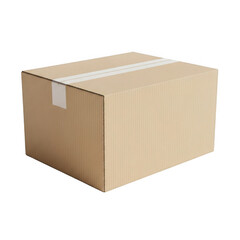 A simple brown cardboard shipping box with white tape sealed shut isolated on transparent background