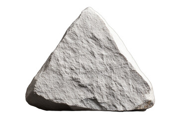Close-up shot of a white triangular rock with rough, textured surfaces against a white background.