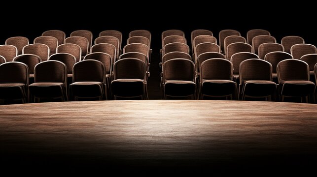 Rows of unoccupied vintage brown auditorium chairs facing a wooden stage illuminated by a single light