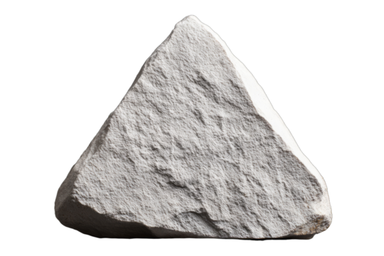 Close-up shot of a white triangular rock with rough, textured surfaces against a white background.