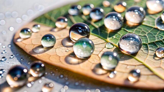 Closeup of water droplets on a dry leaf, macro photography