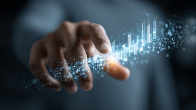 A hand reaches toward floating holographic charts, creating a hyperrealistic, futuristic scene of digital data, interaction, and immersive technology.