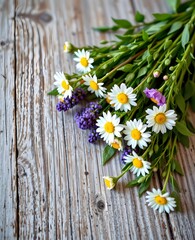 Fototapeta premium Freshly Cut Wildflowers Arrangement on Rustic Wooden Table With Soft Natural Light Highlighting Each Bloom and Leaf