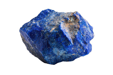 A rough, deep blue lapis lazuli mineral specimen with golden pyrite inclusions against a white background.
