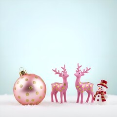 Soft Pink Christmas Ornament with Gold Polka Dots, Reindeer and Snowman on Snowy Surface