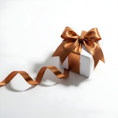 White Gift Box with Copper Ribbon on Minimal White Background
