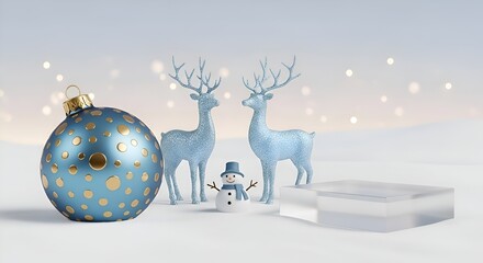 Icy Blue Christmas Ornament with Reindeer and Snowman on Snowy Base with Branding Podium
