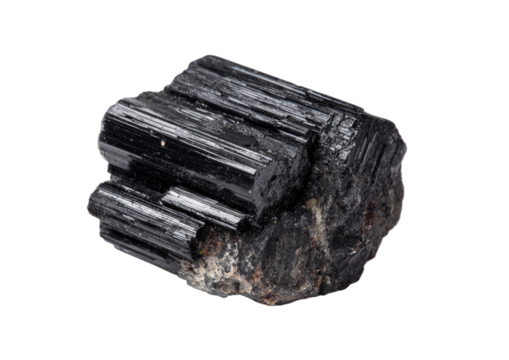 Close-up of a raw black tourmaline crystal specimen with distinct striations on a white background.