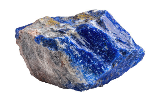 Close-up of a rough, natural lapis lazuli gemstone with a deep blue color and some pyrite inclusions.