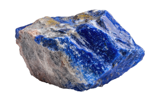 Close-up of a rough, natural lapis lazuli gemstone with a deep blue color and some pyrite inclusions.