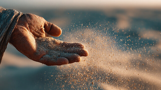 A hand releases sand letting it fall freely symbolizes release freedom and the passage of time representing impermanence the fleeting nature of moments and mindful surrender