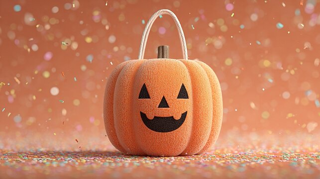 Pumpkin shaped halloween candy bucket with a handle on a speckled background. - Powered by Adobe