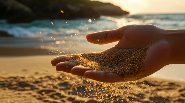 A hand releases sand letting it fall freely symbolizes release freedom and the passage of time representing impermanence the fleeting nature of moments and mindful surrender