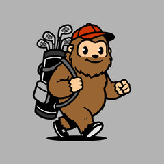 Funny Bigfoot cartoon character heading out for golf with clubs in tow and wearing a baseball cap, perfect for sports, humor, and family content