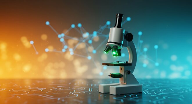 Modern microscope with glowing green light and abstract molecular network background science technology