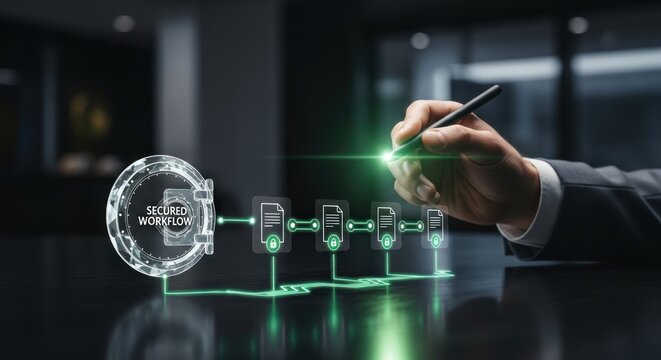 Businessman interacting with digital interface with secured workflow with locked documents, for data security, process automation, efficient document management in modern business operations