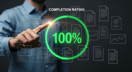 Businessman's finger touching glowing green 100 percent completion rating on digital interface surrounded document icons graphs, for project success, total achievement, flawless execution