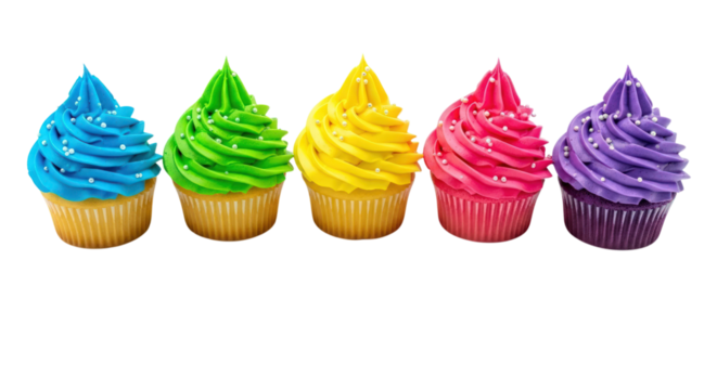 A vibrant row of five colorful cupcakes with vanilla frosting and white sprinkles isolated on a transparent background