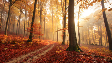 Bright autumnal morning in a colorful forest path with yellow and orange leaves and sun illuminating the fog through the trees
