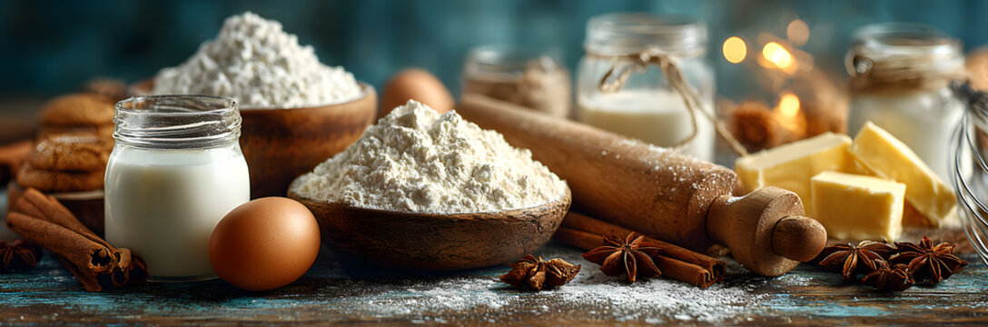 Christmas and winter baking background. Kitchen utensils and ingredients for cooking baking - flour, sugar, eggs, butter, milk, cinnamon sticks, whisk, rolling pin, anise, Blue background banner - Powered by Adobe