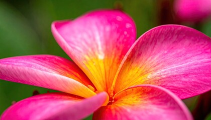 Fototapeta premium Close up of a vibrant pink plumeria flower with a yellow center bathed in soft sunlight with blurred green foliage background