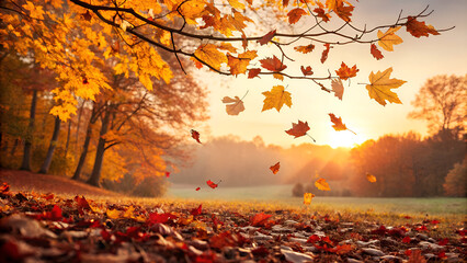 Autumnal tree leaves in the colorful park landscape with golden foliage
