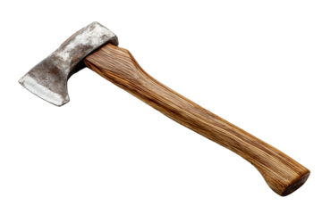 Old rusty axe with wooden handle isolated on transparent background