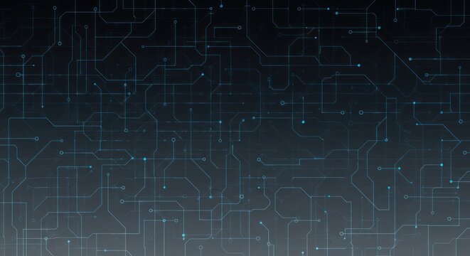 Digital circuitry pattern with glowing blue lines nodes on dark gradient background, for artificial intelligence, data flow, neural networks, complex technological systems in modern