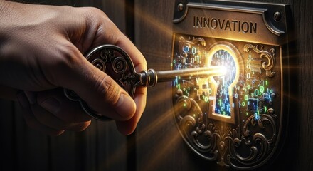 Hand holding ornate antique key unlocking digital lock with glowing binary code, for innovation, technological advancement, access to new opportunities in business science
