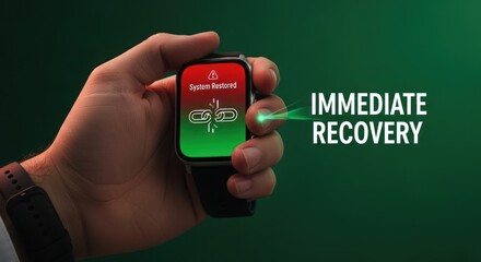Hand holding smartwatch with "system restored" with broken link symbol, for data recovery, network fix, immediate technological solution for business continuity operational success