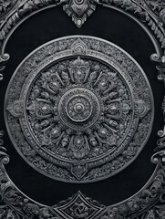 Fototapeta premium Black and white mandala with intricate patterns and highly detailed symmetrical design, abstract spiritual geometry artwork, ornamental circular decoration for meditation and artistic concept