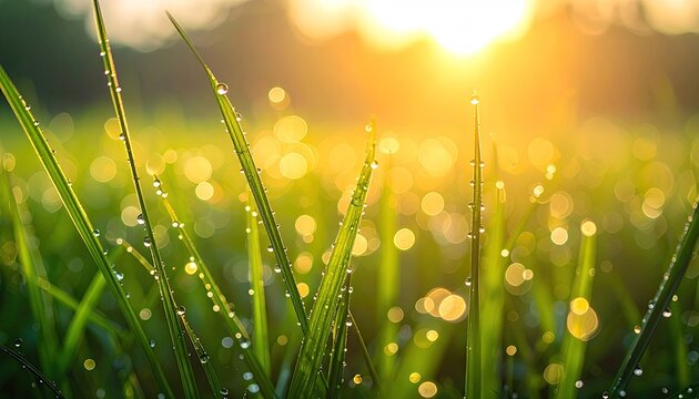 Close up on wet green grass blades glistening with morning dew drops in golden hour sunlight with soft bokeh background in spring season - Powered by Adobe