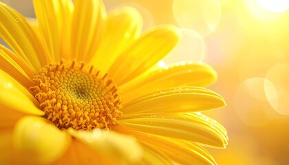 Close up yellow daisy flower with water droplets sparkling in bright sunlight with soft bokeh background