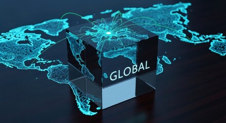 Luminous glass cube with word global etched on its side, superimposed on glowing digital world map with interconnected nodes lines, for worldwide connectivity, international business,